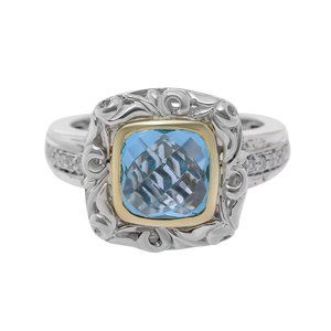 Charles Krypell Sterling Silver and Gold, Blue Topaz and Diamond Ring Sz. 6.5